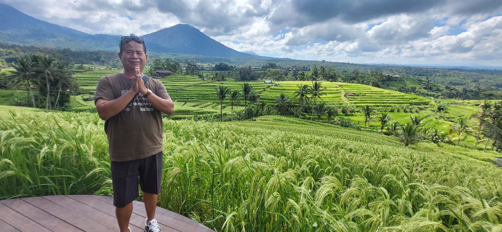Weite, grüne Reisterrassen von Jatiluwih auf Bali, UNESCO-Weltkulturerbe unter blauem Himmel